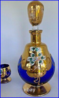 VTG Bohemian Czech Glass Cobalt Blue Gold Decanter 6 Cordial Cognac Snifters Set