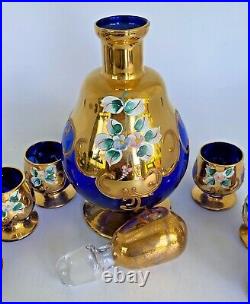 VTG Bohemian Czech Glass Cobalt Blue Gold Decanter 6 Cordial Cognac Snifters Set