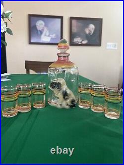 VTG Bulldog Pinch Glass Decanter SET S 6 Striped Shot Glasses 1920-30's RARE