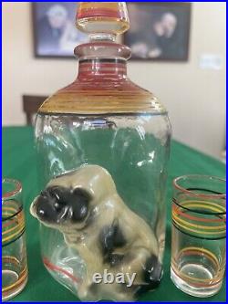 VTG Bulldog Pinch Glass Decanter SET S 6 Striped Shot Glasses 1920-30's RARE