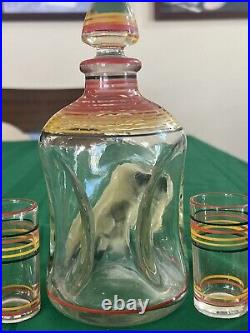 VTG Bulldog Pinch Glass Decanter SET S 6 Striped Shot Glasses 1920-30's RARE