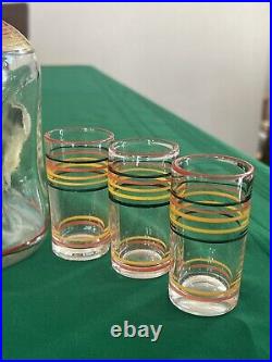 VTG Bulldog Pinch Glass Decanter SET S 6 Striped Shot Glasses 1920-30's RARE