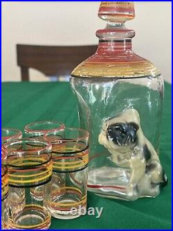 VTG Bulldog Pinch Glass Decanter SET S 6 Striped Shot Glasses 1920-30's RARE