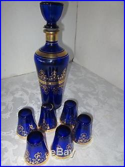 VTG Cobalt Blue & Gold 8 PCs Wine Decanter Glasses CORDIAL ItalyTower of Pisa