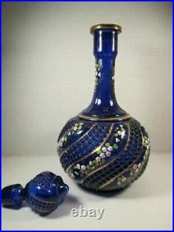 VTG Cobalt Blue & Hand Decorated Liquor Decanter Bottle with Stopper Set