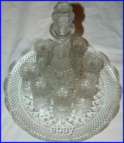 VTG! Cut Glass 10-Pc Wine Crystal Clear Champagne Liquor Decanter Round Tray Set
