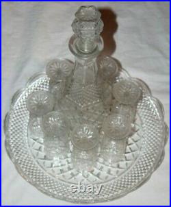VTG! Cut Glass 10-Pc Wine Crystal Clear Champagne Liquor Decanter Round Tray Set