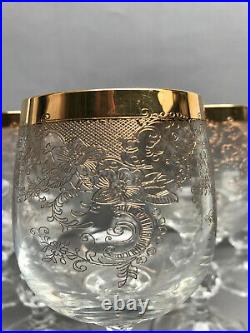 VTG Czech Bohemian Karolinka Gold Etched Crystal Wine Glasses Gold rim Set of 6