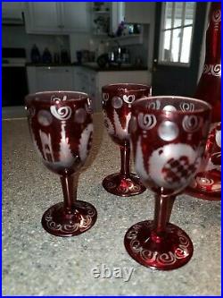 VTG. Egermann Bohemian Czech Ruby Cut to Clear Deer Decanter Set with 6 Glasses