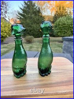 VTG Empoli Decanter Set Cat & Dog Italian Emerald Green Glass Bottle 9 Tall