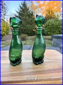 VTG Empoli Decanter Set Cat & Dog Italian Emerald Green Glass Bottle 9 Tall