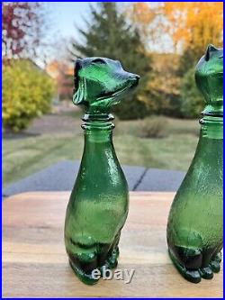 VTG Empoli Decanter Set Cat & Dog Italian Emerald Green Glass Bottle 9 Tall