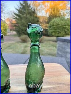 VTG Empoli Decanter Set Cat & Dog Italian Emerald Green Glass Bottle 9 Tall