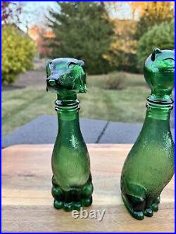 VTG Empoli Decanter Set Cat & Dog Italian Emerald Green Glass Bottle 9 Tall