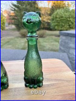 VTG Empoli Decanter Set Cat & Dog Italian Emerald Green Glass Bottle 9 Tall