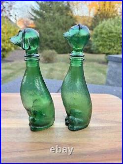 VTG Empoli Decanter Set Cat & Dog Italian Emerald Green Glass Bottle 9 Tall