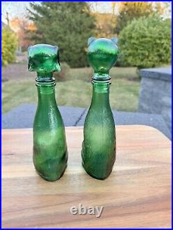 VTG Empoli Decanter Set Cat & Dog Italian Emerald Green Glass Bottle 9 Tall