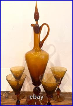 VTG Empoli Italian MCM Amber Genie Bottle Decanter SET with 4 Glasses