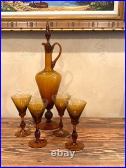 VTG Empoli Italian MCM Amber Genie Bottle Decanter SET with 4 Glasses