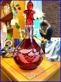 VTG Empoli Italian Style Glass Ruby RED Genie Bottle Stopper Decanter MCM Etch