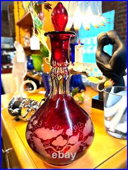 VTG Empoli Italian Style Glass Ruby RED Genie Bottle Stopper Decanter MCM Etch