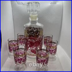 VTG French Luminarc Gold & Red Grape/Leaf Design Cordial Glass & Decanter Set