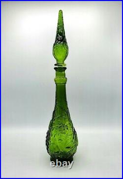 VTG Genie Bottle Green Glass Decanter & Stopper Fruits Optical Pattern 19 MCM