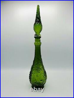 VTG Genie Bottle Green Glass Decanter & Stopper Fruits Optical Pattern 19 MCM