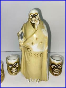 VTG Grim Reaper Skull Skeleton Sake Decanter Poison Bottle Shot Glass Set Japan