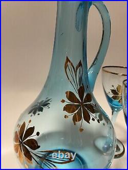 VTG Hand Blown Blue Decanter withStopper 4 Cordial Glasses Gold Gilt Romanian