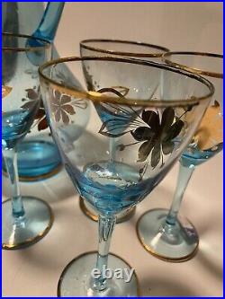 VTG Hand Blown Blue Decanter withStopper 4 Cordial Glasses Gold Gilt Romanian