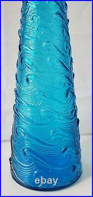 VTG Italian EMPOLI Genie Bottle Decanter Blue Italy Glass Waves 22 Tall MCM