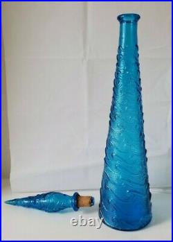 VTG Italian EMPOLI Genie Bottle Decanter Blue Italy Glass Waves 22 Tall MCM