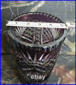 VTG Large Bohemian Czech Intricate Cut To Clear Amethyst Crystal Vase Purple