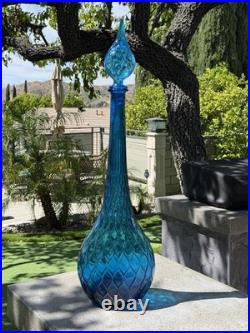 VTG MCM 1960's Italian Empoli Blue Glass Genie Decanter Bottle Diamond Pattern