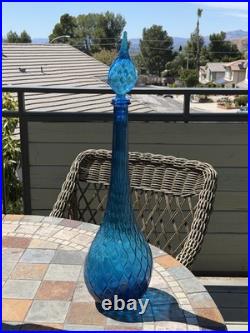 VTG MCM 1960's Italian Empoli Blue Glass Genie Decanter Bottle Diamond Pattern