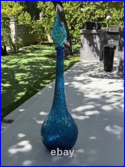VTG MCM 1960's Italian Empoli Blue Glass Genie Decanter Bottle Diamond Pattern