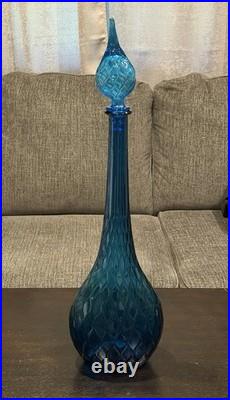 VTG MCM 1960's Italian Empoli Blue Glass Genie Decanter Bottle Diamond Pattern