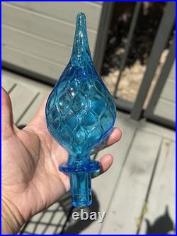 VTG MCM 1960's Italian Empoli Blue Glass Genie Decanter Bottle Diamond Pattern