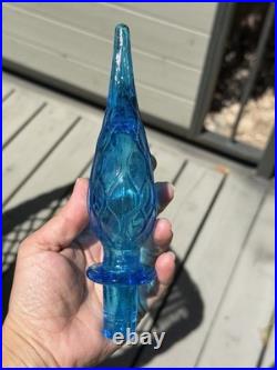 VTG MCM 1960's Italian Empoli Blue Glass Genie Decanter Bottle Diamond Pattern