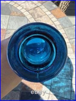 VTG MCM 1960's Italian Empoli Blue Glass Genie Decanter Bottle Diamond Pattern