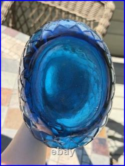 VTG MCM 1960's Italian Empoli Blue Glass Genie Decanter Bottle Diamond Pattern