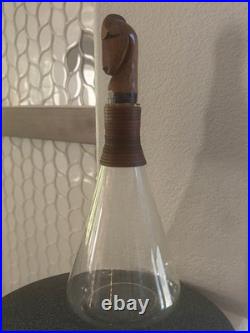 VTG MCM Conical Clear Glass Decanter Leather Neck 12 And Wood Horse Cork