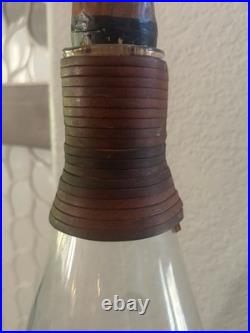 VTG MCM Conical Clear Glass Decanter Leather Neck 12 And Wood Horse Cork