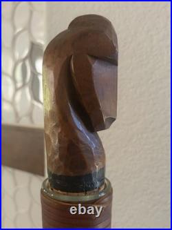 VTG MCM Conical Clear Glass Decanter Leather Neck 12 And Wood Horse Cork