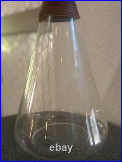 VTG MCM Conical Clear Glass Decanter Leather Neck 12 And Wood Horse Cork