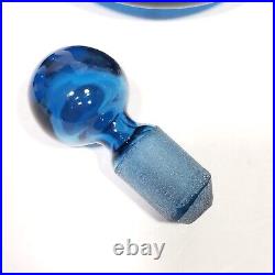 VTG MCM Empoli Style Blue Blown Glass Squat 7 Decanter Bottle Stopper 6 Glasses