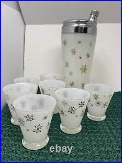 VTG MCM Frosted White Gold Snowflake Atomic Decanter And Shot Glass Set Of 7