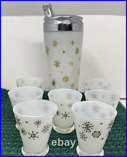 VTG MCM Frosted White Gold Snowflake Atomic Decanter And Shot Glass Set Of 7