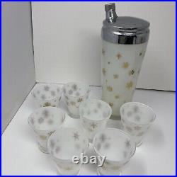 VTG MCM Frosted White Gold Snowflake Atomic Decanter And Shot Glass Set Of 7